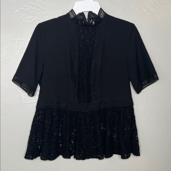 Zara Black Eyelet Top Black Lace Mock Neck Peplum Top Short Sleeve Size Small - Picture 2 of 5